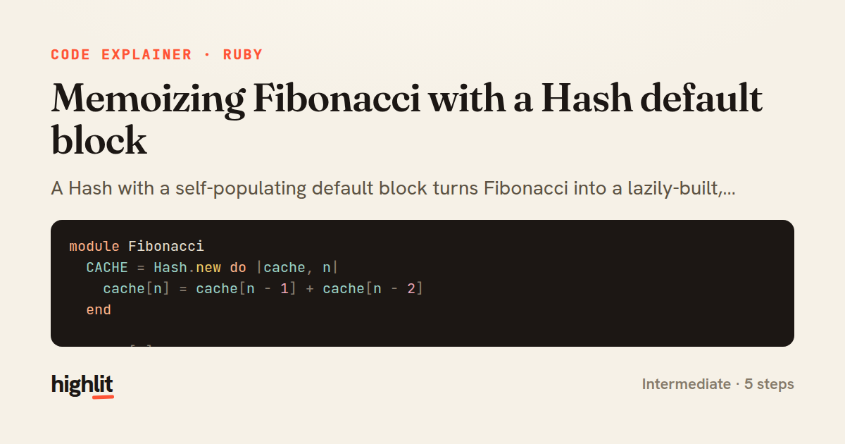 Memoizing Fibonacci with a Hash default block — share card