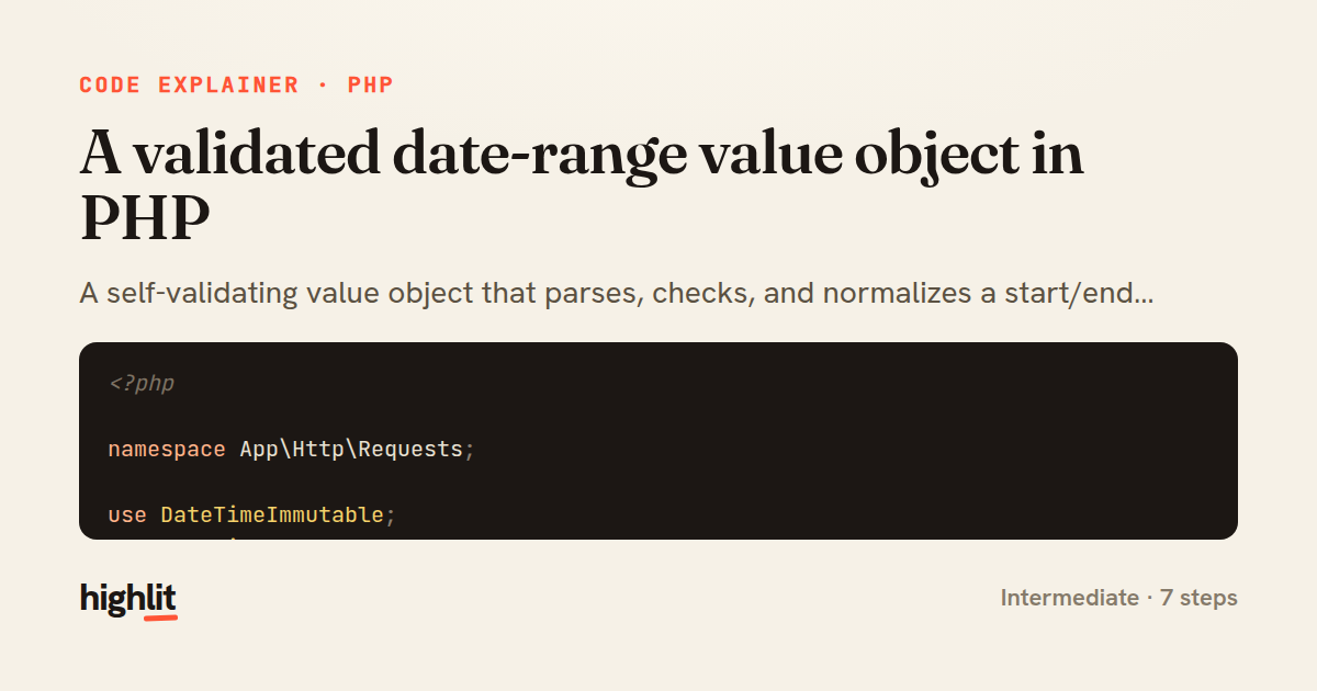 A validated date-range value object in PHP — share card