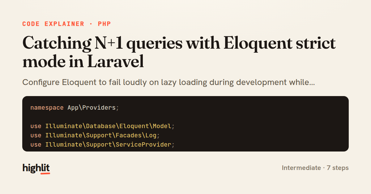 Catching N+1 queries with Eloquent strict mode in Laravel — share card