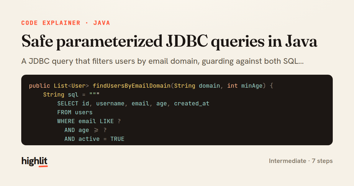 Safe parameterized JDBC queries in Java — share card