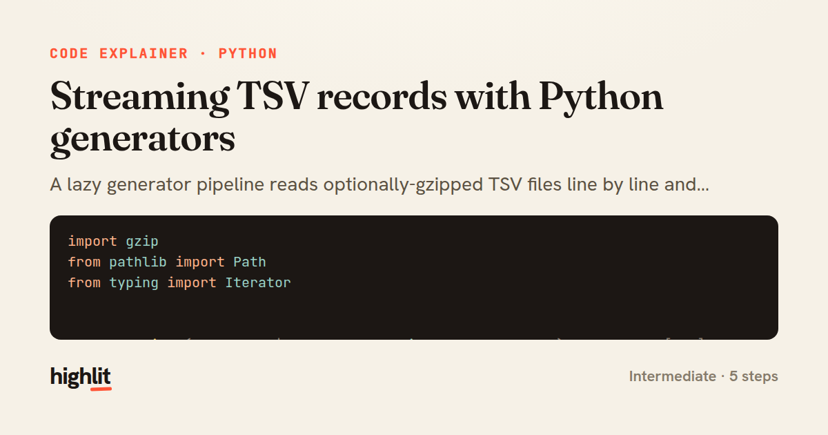 Streaming TSV records with Python generators — share card