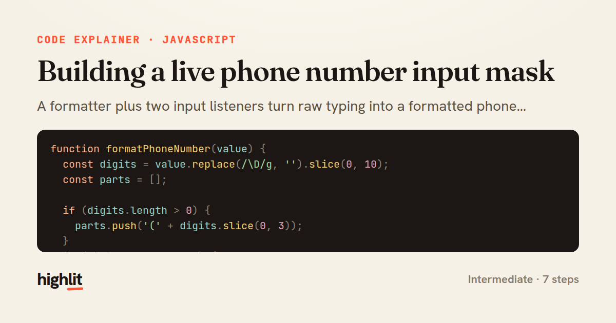 Building a live phone number input mask — share card