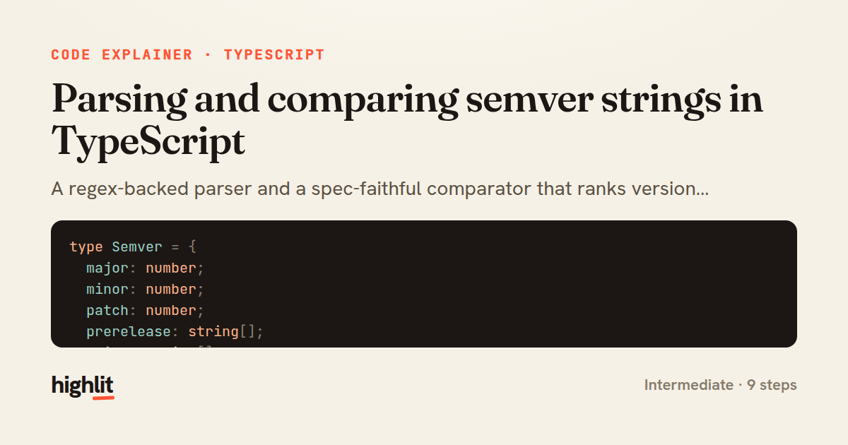 Parsing and comparing semver strings in TypeScript — share card